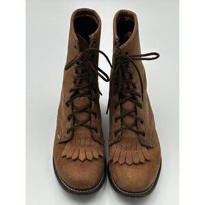 Laredo Boots Kiltie Fringe Womens 7M Lace-Up Roper Brown Leather USA Made
